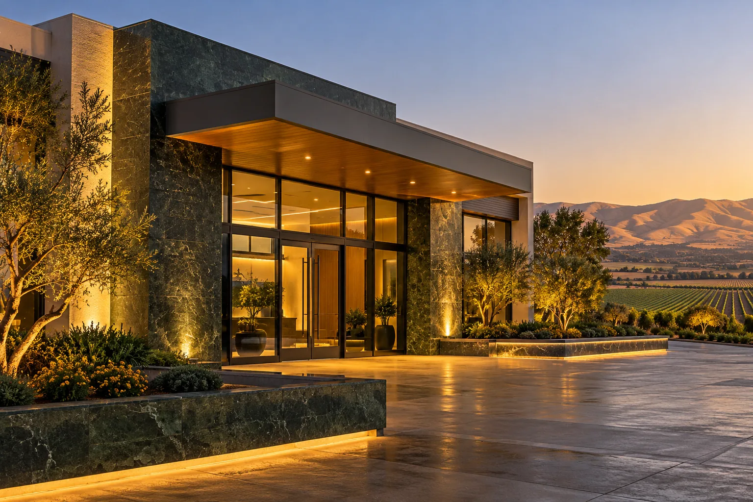 Well-lit commercial entrance at dusk in Salinas