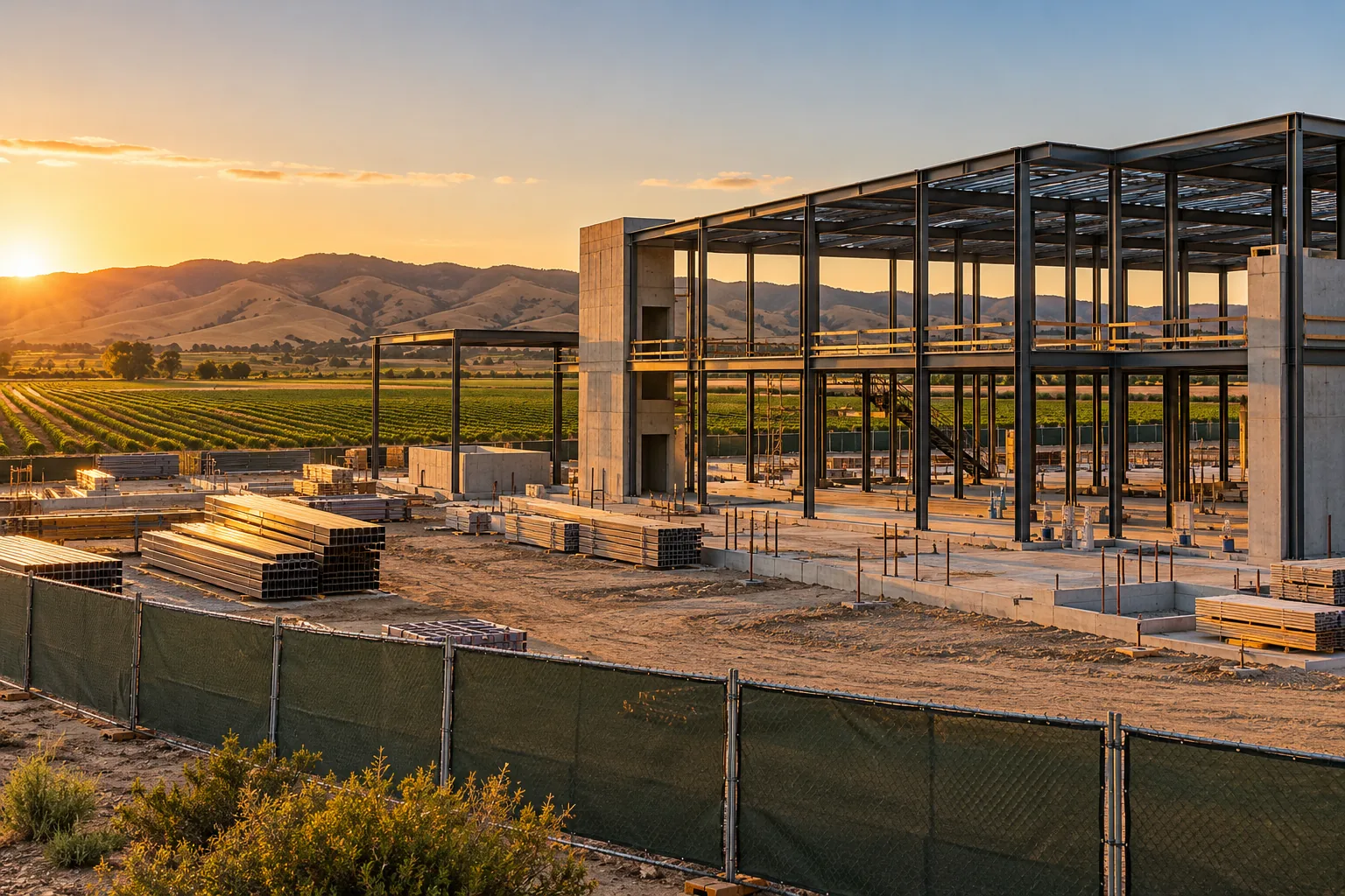 Commercial construction site at golden hour in Salinas