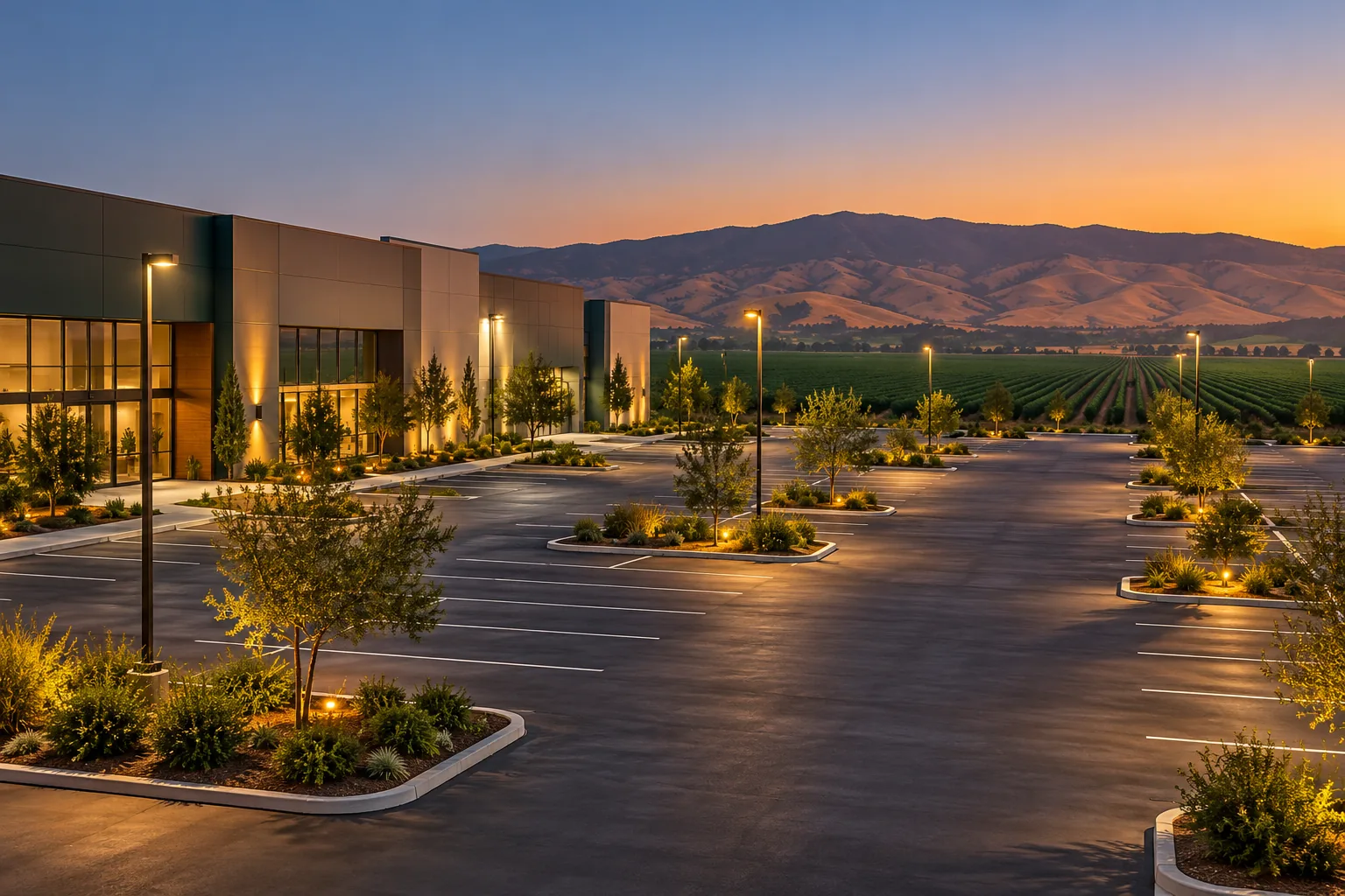 Commercial parking area at dusk in Salinas