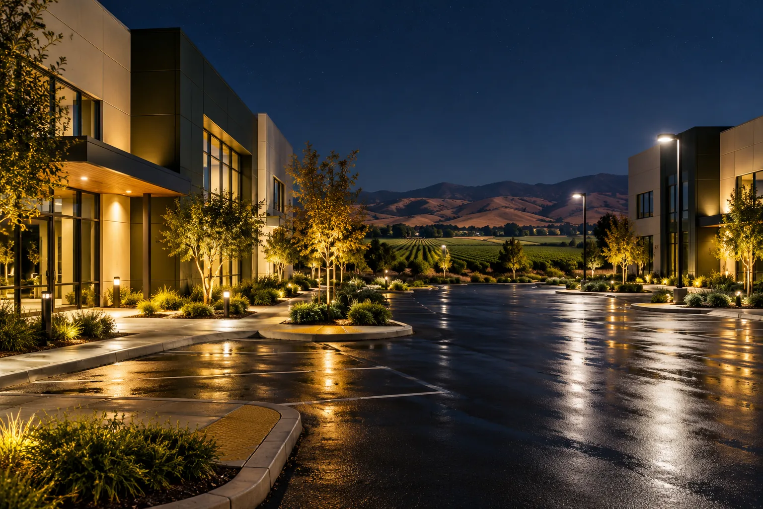 Business park at night under lights in Salinas