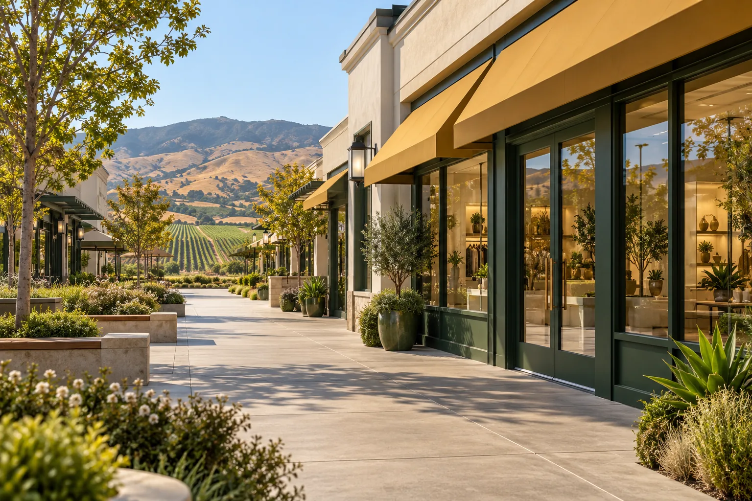 Open-air shopping center walkway in Salinas