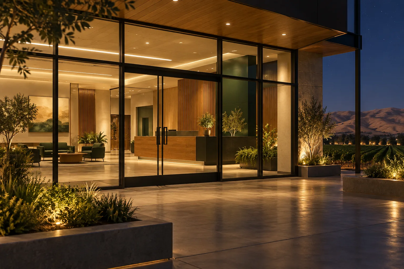 Building lobby glowing at night in Salinas