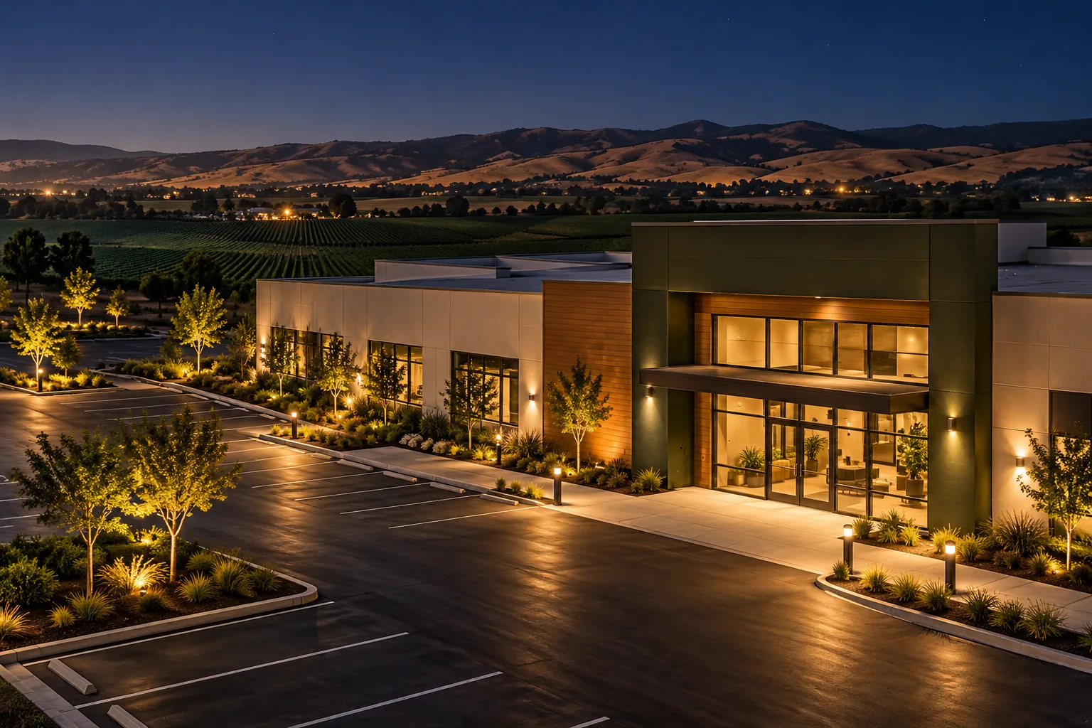 Commercial property at night from above in Salinas
